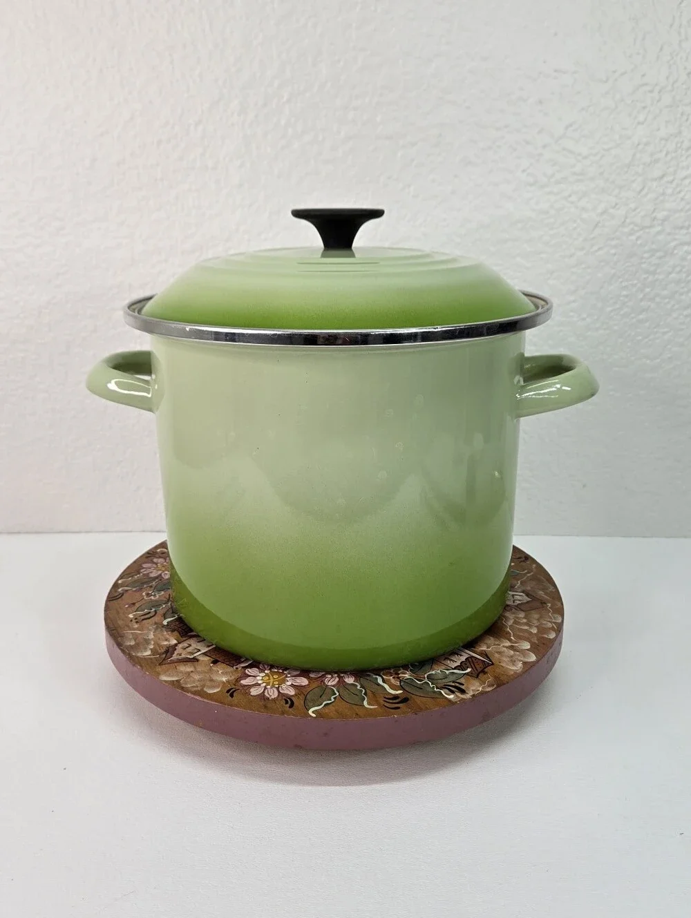 VTG Le Creuset Enamel on Steel Stockpot 6 Qt Green Soup Pot Pan w Lid Palm Ombre
